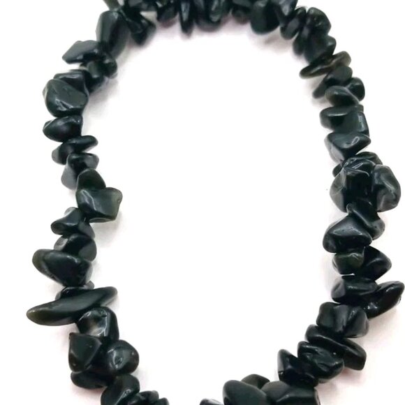 Green Aventurine Chip Beaded  Bracelet + Black Stone Sterchy Bracelet - Picture 6 of 9